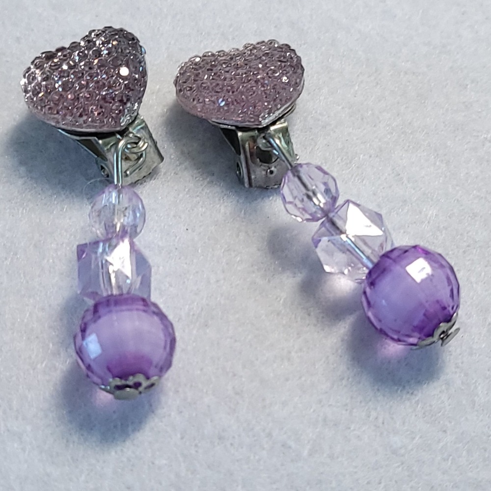 Vintage 1980s Purple Rhinestone Heart Clip On Earrings Pastel Lucite Bead Dangle